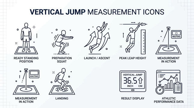 Vertical jump performance measurement icons for athletic training and fitness testing procedures