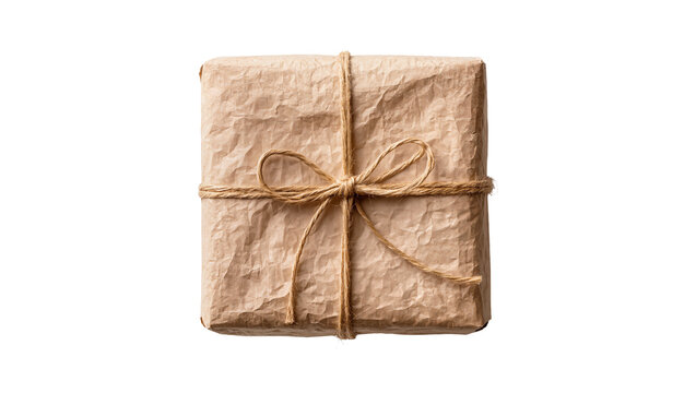 Rectangular parcel wrapped in crumpled brown paper tied with twine bow, isolated on transparent background