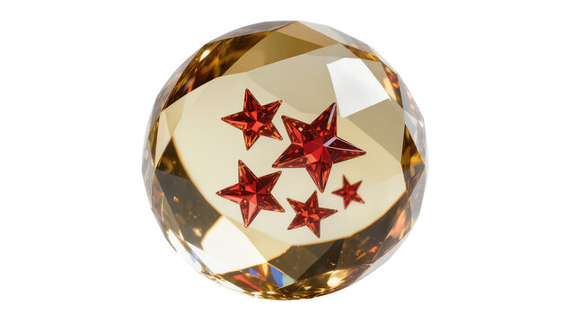 Amber faceted crystal sphere containing five red stars, isolated on transparent background