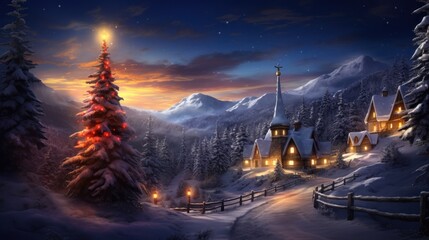 Fototapeta premium Cozy village under a starry winter sky