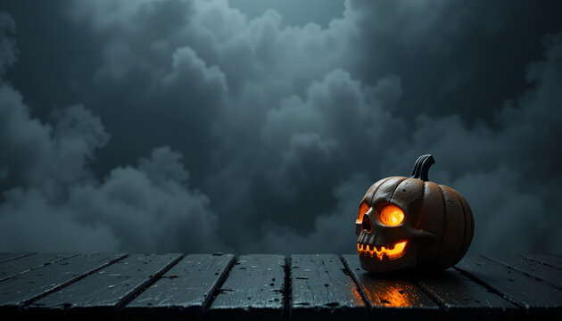 3D Render of Glowing Realistic Pumpkin and Spooky Skeleton Skull on Dark Wood, Moody Charcoal Gray Halloween Background with Large Copy Space