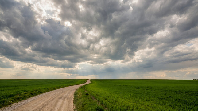 Winding dirt road cutting through vibrant green fields under a dramatic stormy sky with sun rays