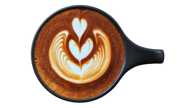 Dark ceramic cup of frothy latte with heart art, isolated on transparent background