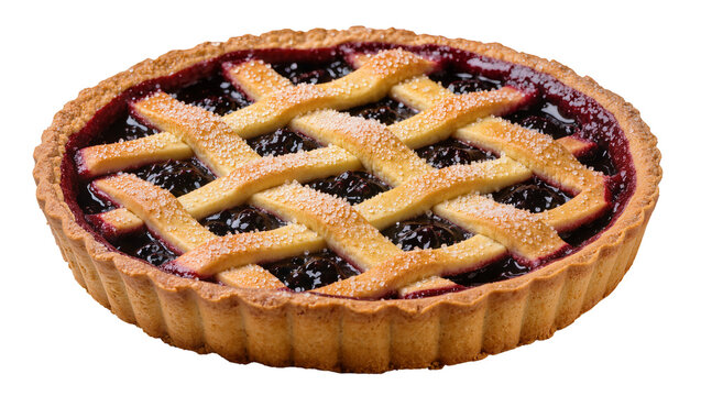 Golden lattice crust berry tart with dark berry filling, isolated on transparent background