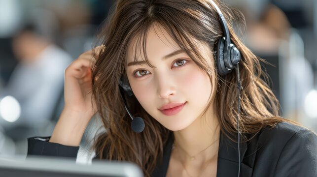 Customer Service Excellence: A focused and friendly young woman with a headset provides attentive customer support in a modern office environment, her gaze conveying helpfulness and professionalism.