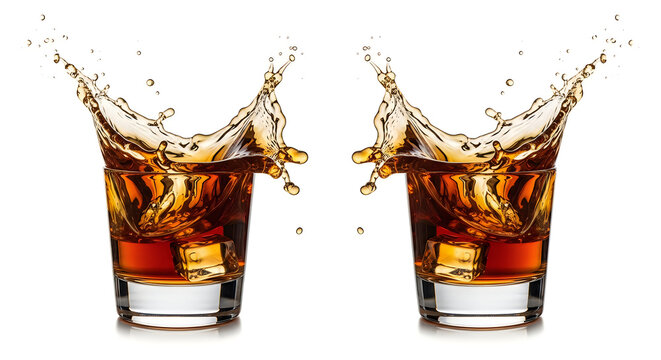 Two glasses of brown cocktail splashing with ice cubes isolated on white background