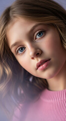 Naklejka premium Close-up portrait of a young girl with blue eyes and blonde hair, showcasing delicate features and a gentle expression, symbolizing innocence and youth.