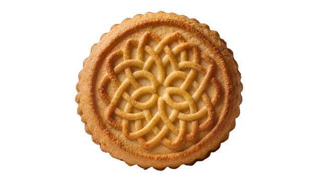 Round golden shortbread cookie with intricate knot pattern, isolated on transparent background