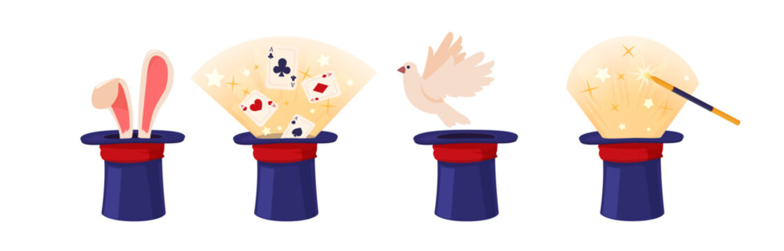 Magic hats with hare ears stick out, flying out dove bird and shiny playing cards vector cartoon illusionist focus trick