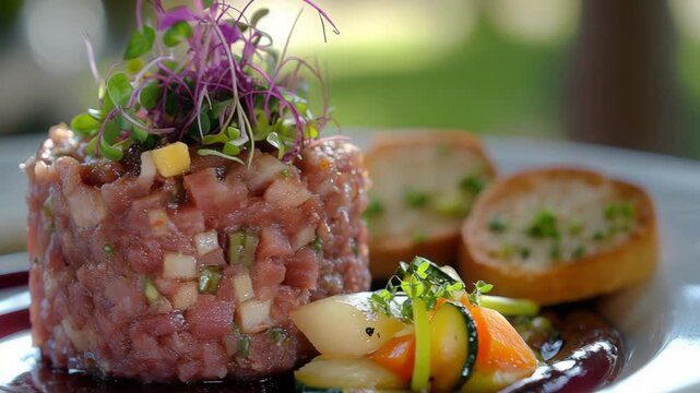 selective focus vibrant beef tartare plated with crostini and pickled vegetables microgreens olive oil drizzle