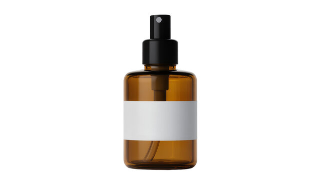 Amber glass spray bottle with black pump and white label, isolated on transparent background