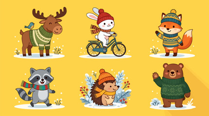 Fototapeta premium Cute Cartoon Winter Animals in Cozy Sweaters and Hats, Flat Design Vector Illustration Set - Moose, Rabbit on Bicycle, Fox, Raccoon, Hedgehog, Bear
