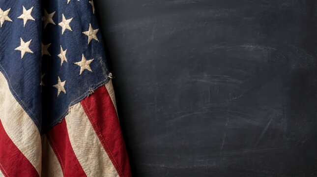 Vintage american flag draped beside a textured black chalkboard background for patriotic education concepts with copy space for national holidays