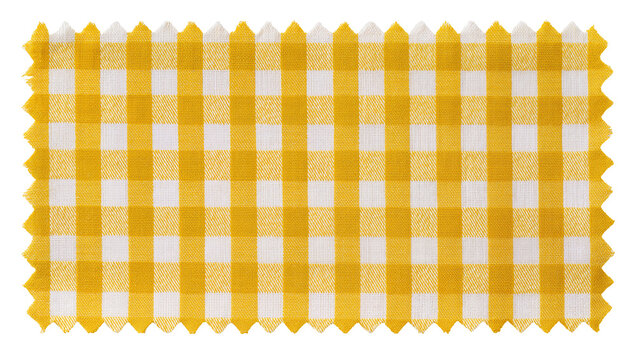 Yellow and white gingham fabric swatch with serrated edges, isolated on transparent background