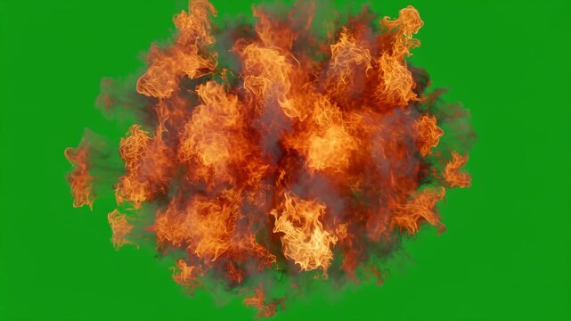 Realistic fire explosion with thick smoke on green screen background, VFX element for cinematic video editing, action movie compositing and motion graphics