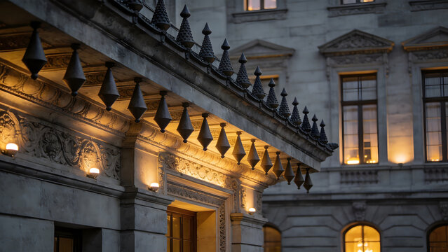 entablature. Classical architecture cornice featuring conical guttae details under soft window light. real-estate listings.