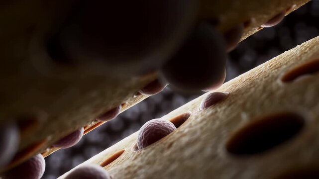 Macro interior view of spherical pellets settling between porous fibrous panels with diagonal
