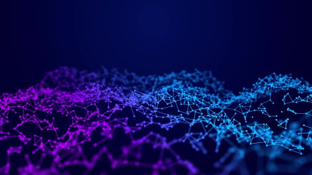 Waves transmit silent codes through a luminous matrix. Particles pulse with digital motion. 3D rendering. Seamless loop.