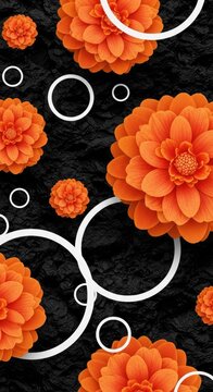 Vibrant orange floral shapes overlay a textured dark background with white circular accents