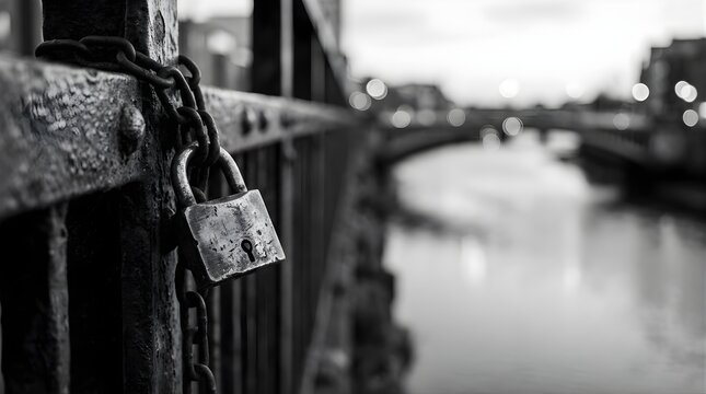 Close up of a weathered padlock chained to a bridge fence over water