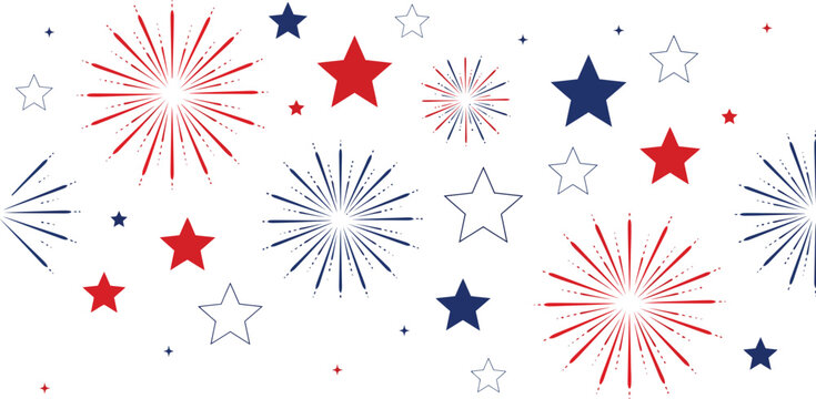 Red blue stars and fireworks pattern with white background for celebration and patriotic themes