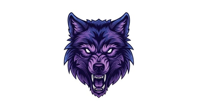 Fierce purple wolf head displaying bared fangs and intense eyes against a white background