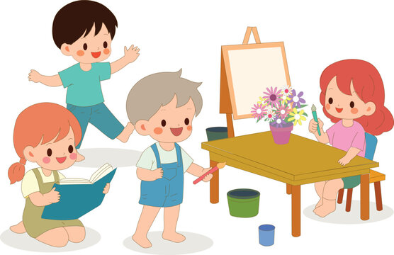 Group of happy children painting on canvas and reading books in a creative classroom setting school activity.
