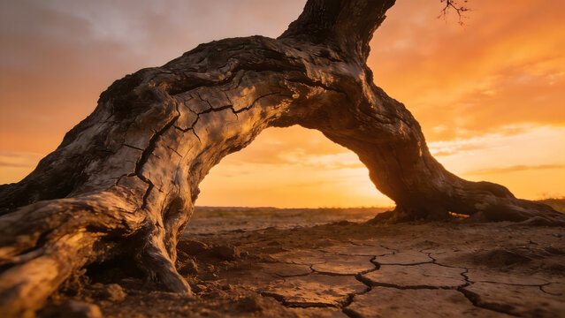 An old gnarled tree with cracked bark bending over parched earth.