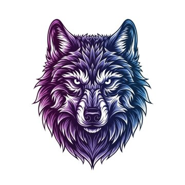 Fierce canine head portrait displayed with striking purple and blue coloration