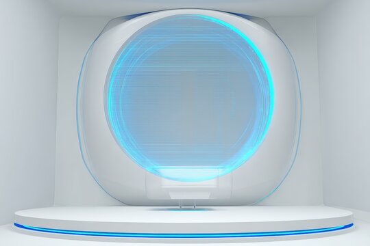 Futuristic Portal: A sleek, futuristic portal with glowing blue circular patterns emits a soft light, suggesting advanced technology and interdimensional travel.