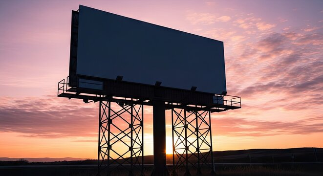 Large empty roadside advertising structure displays a silhouette against a dramatic sunset sky