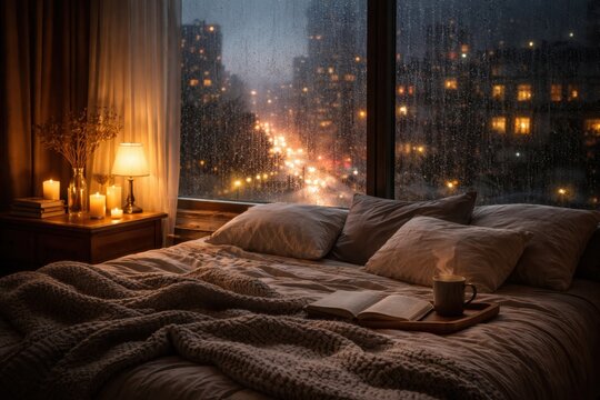 Cozy bedroom with candles and rainy city view through window creating warm relaxing evening atmosphere