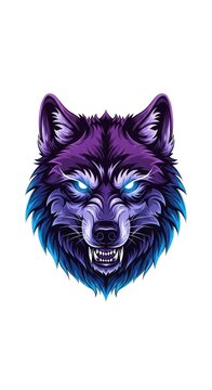 Ferocious canine head illustration displayed with glowing eyes and striking purple and blue coloration