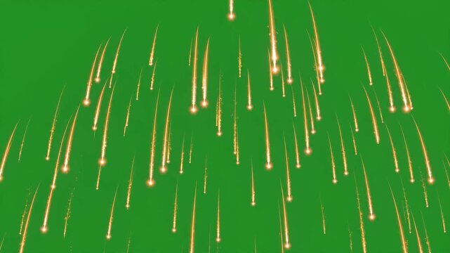 Golden firework explosion bursting and falling as glowing sparks on green screen, festive pyrotechnic effect for video editing and chroma key compositing
