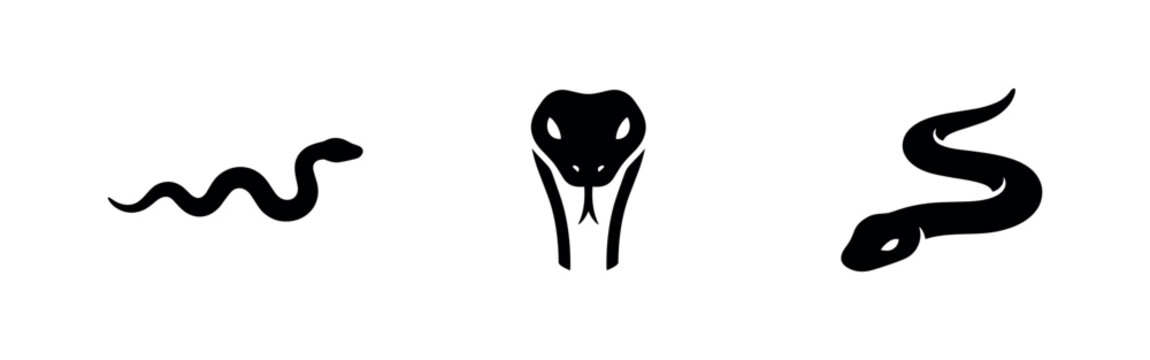 Three black snake icons, featuring a coiled snake, head, and a curved body shape