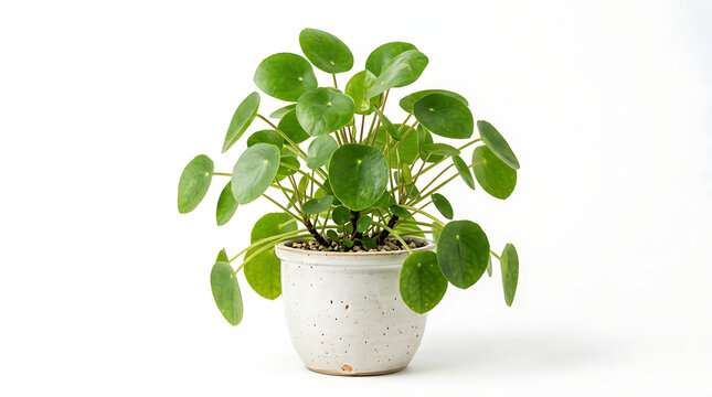 A healthy Pilea peperomioides plant, also known as the Chinese money plant, in a white ceramic pot against a plain white background.