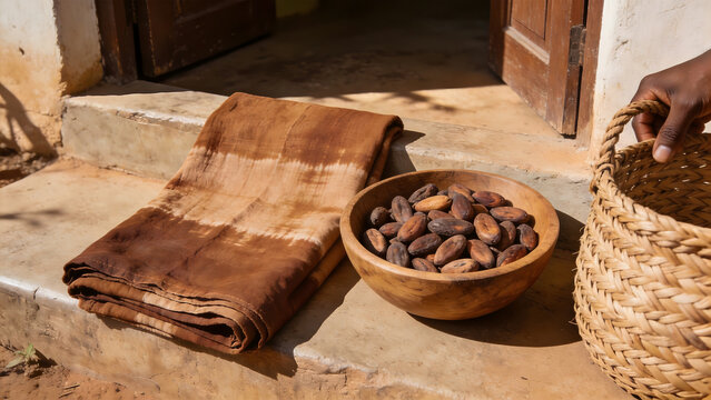 Mud cloth fabric with shea nuts and woven basket, West African craft and natural decor.