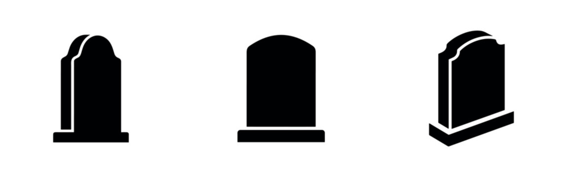 Three black icons of tombstones, presented in straight and perspective views