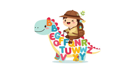 Naklejka premium Child Riding Colorful Alphabet Dinosaur.