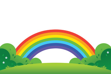 Obraz premium Colorful rainbow arching over green hills and lush bushes with small flowers on clean white background poster.