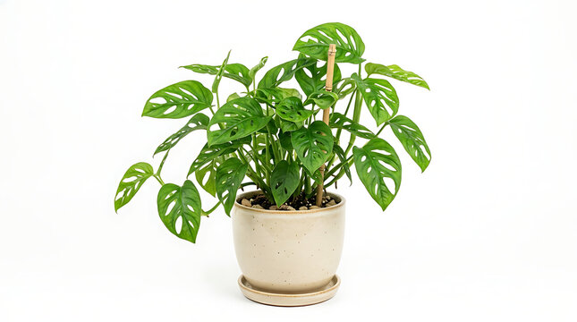 A healthy Monstera Adansonii plant with characteristic fenestrations on its leaves, potted in a light-colored ceramic pot with a matching saucer, supported by a bamboo stake.