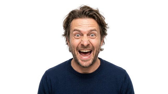 Excited man laughing with open mouth and wide eyes.