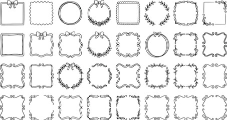 Set of hand drawn vector frames, decorative borders, floral wreaths, and ornate square frames for invitations, greeting cards, and scrapbooking designs © SampaRani