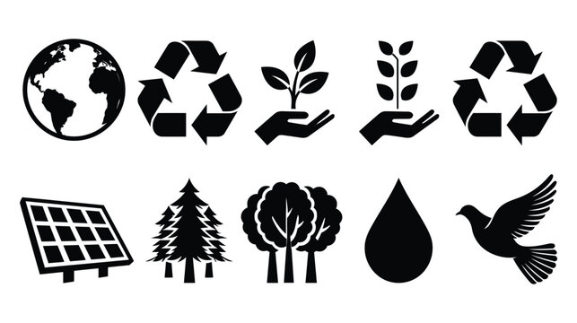 Eco icons: recycle plants globe solar panel trees water bird