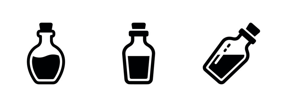 Three potion bottle icons in black silhouette on a white background