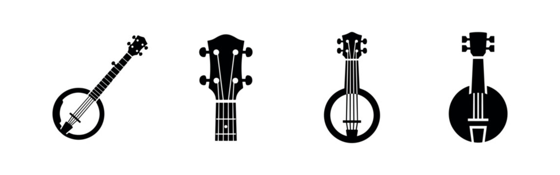 Four string instrument icons: banjo, ukulele, and mandolin headstock