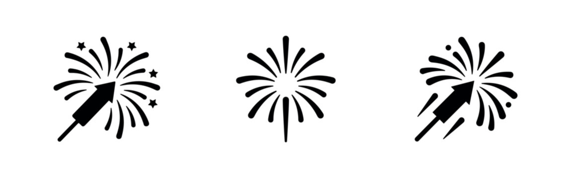Three black icons of fireworks and firecrackers.