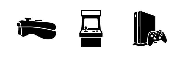 Set of three black icons representing gaming consoles and controllers. © Lili