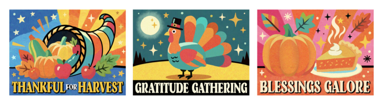 Colorful Thanksgiving banner set with cornucopia, turkey, pumpkin, and pie in retro illustration style.