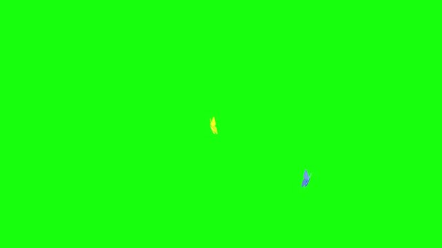 animated video of two paper butterflies, one blue and one yellow, flying on green screen